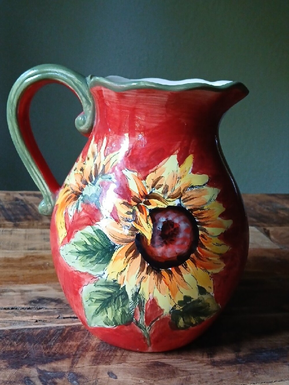 Hand-Painted Sunflower Ceramic Pitcher - Red - Picture 2 of 5